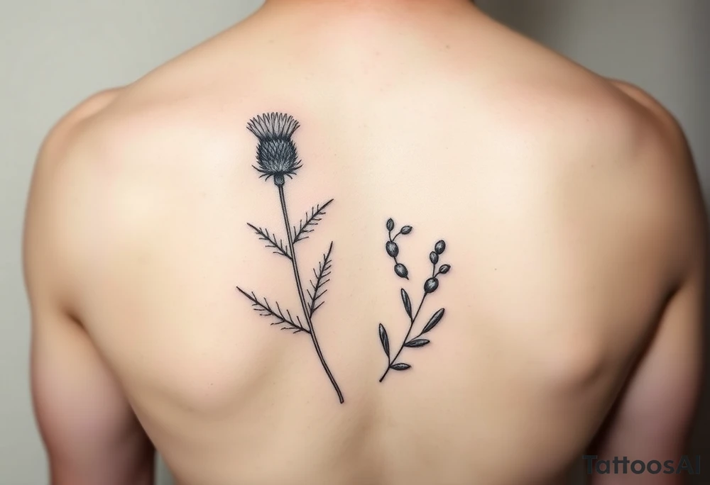 dainty botanical drawing of scottish thistle, olive branch/olive, and cat nip for a wrap around wrist tattoo as one plant tattoo idea