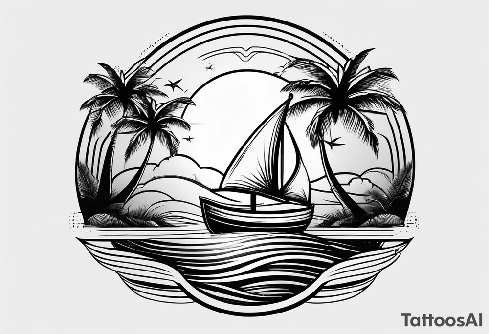 Clean lines palm tree boat sun tattoo idea
