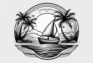 Clean lines palm tree boat sun tattoo idea