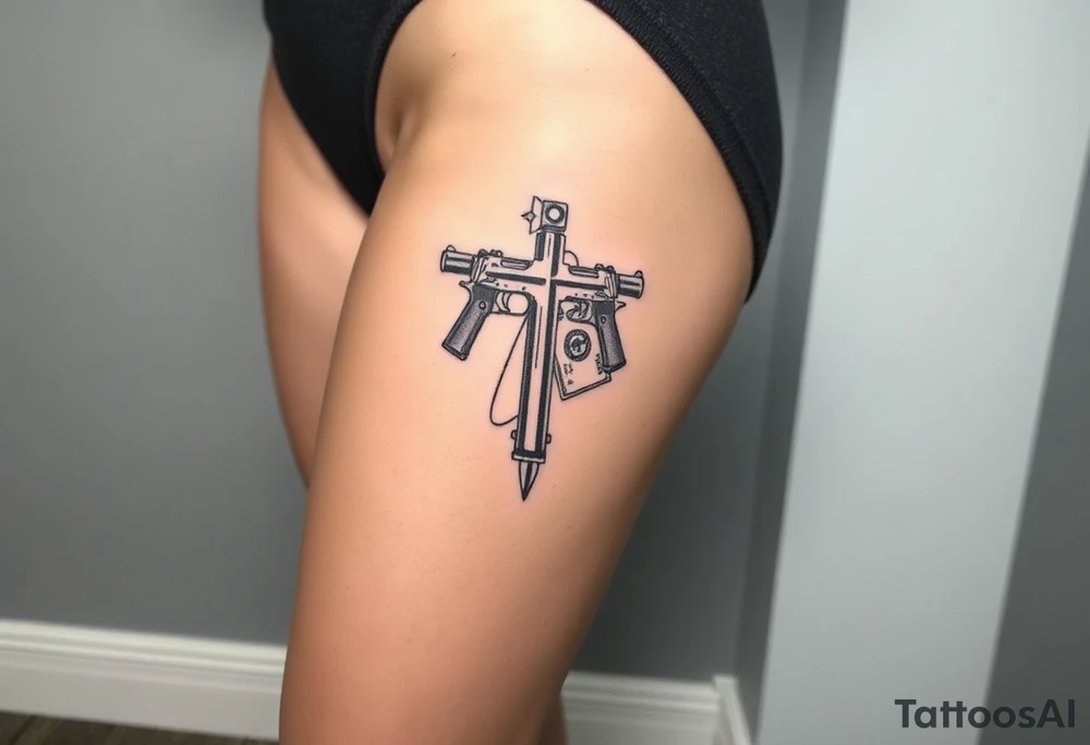 Cross with guns and 
money tattoo idea