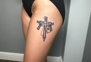 Cross with guns and 
money tattoo idea