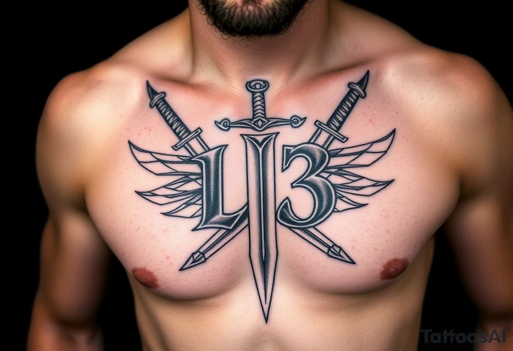 The Number 13, The Toledo Mudhens Baseball Team, And Demonic And Midevel dagger Featurs Made Into A Big Family Crest Tattoo On A Masculine guy that looks bad ass and unique. tattoo idea