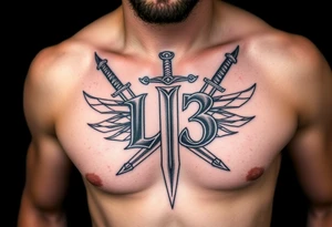 The Number 13, The Toledo Mudhens Baseball Team, And Demonic And Midevel dagger Featurs Made Into A Big Family Crest Tattoo On A Masculine guy that looks bad ass and unique. tattoo idea