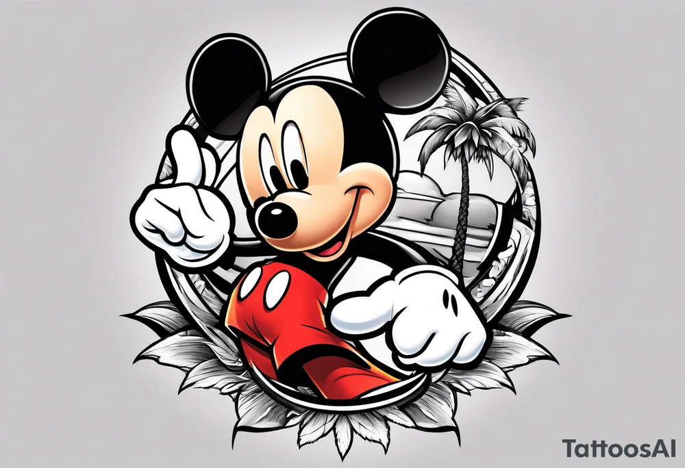 mickey mouse holding lightning with palm trees doing martial arts tattoo idea