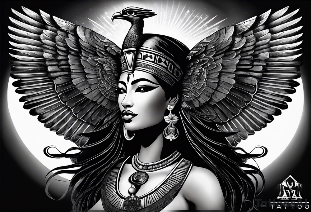 black and white Egyptian goddess Isis, who is often depicted as a woman with outstretched wings, holding an ankh (a symbol of life) in one hand and a lotus flower in the other. Her headdress often includes a throne or a solar disk. The tattoo design can vary in style and size, but it typically aims to capture the essence of this revered Egyptian deity, emphasizing her beauty, power, and maternal qualities. The choice of colors and additional elements can also be customized to create a unique and visually striking representation of the goddess Isis tattoo idea