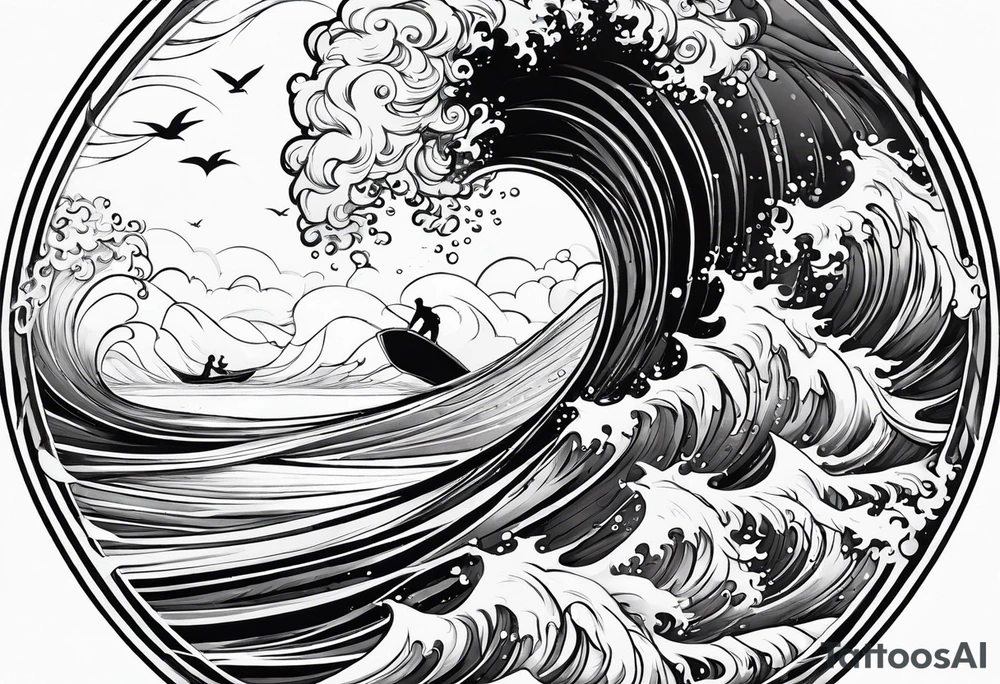 Poseidon im Meer mit Windsurfer und Wellen im Hintergrund tattoo idea