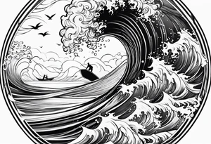Poseidon im Meer mit Windsurfer und Wellen im Hintergrund tattoo idea