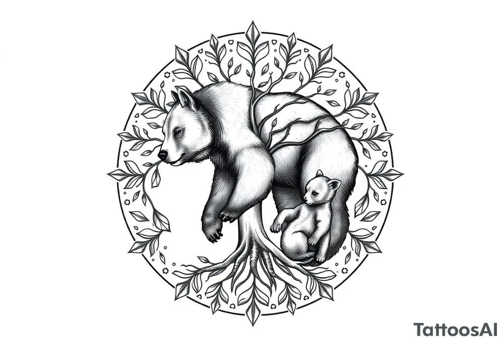 Tree of life circle adult bear and cub tattoo idea