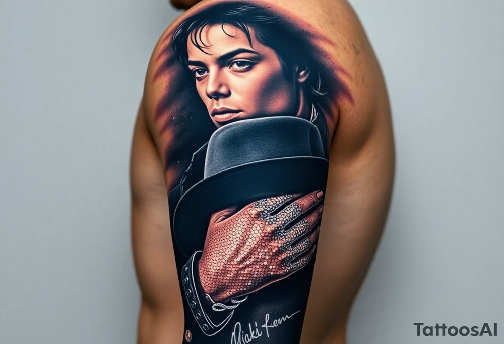 The ultimate realism tattoo sleeve design for an upper arm, celebrating Michael Jackson's entire career. A vertical masterpiece collage: Top features his hyper-realistic eyes from the Dangerous album peering through stage smoke. Middle shows a crisp, detailed portrait from the Bad era with high-contrast jacket buckles. Bottom section displays his hand in the sparkling sequin glove holding his fedora hat. The design smoothly fades out into his official autograph written in clean fine-line script at the very bottom. Photorealistic, cinematic lighting, deep blacks, master shading --ar 2:3 tattoo idea