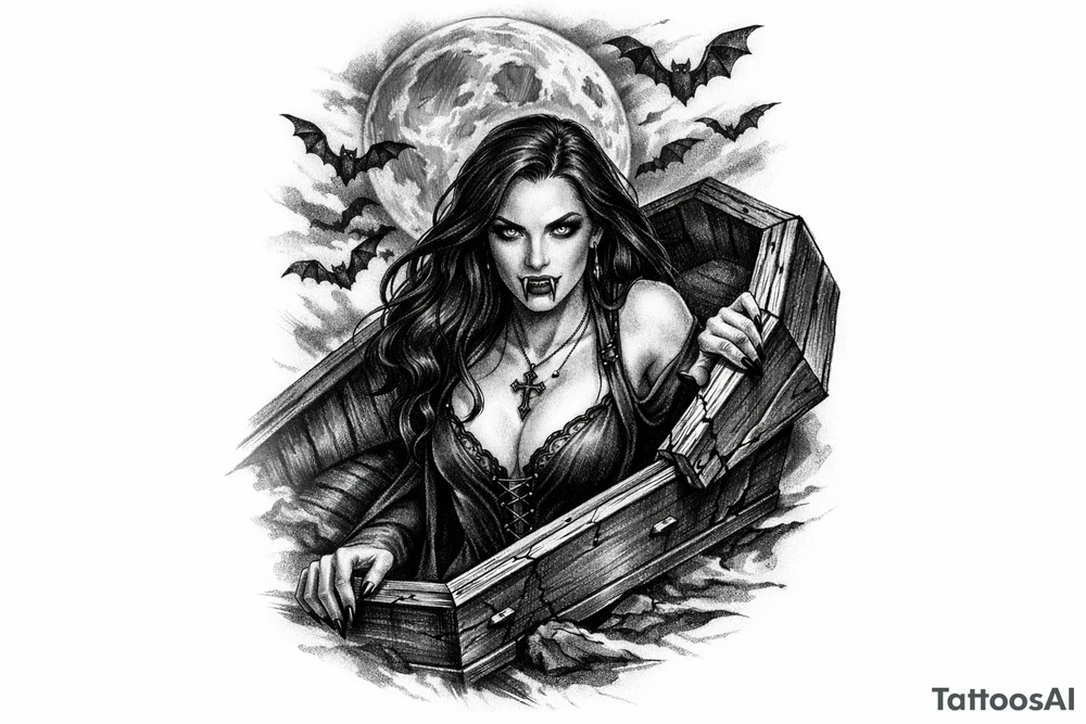 female vampire,bats,full moon,a coffin. tattoo idea