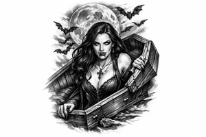 female vampire,bats,full moon,a coffin. tattoo idea