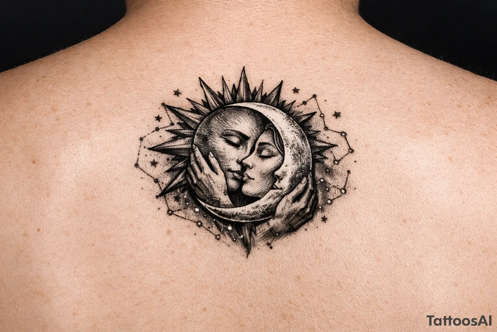 celestial sun and moon embrace with constellation patterns tattoo idea