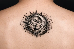 celestial sun and moon embrace with constellation patterns tattoo idea