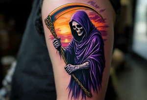 A Grim Reaper in a deep purple cloak, wielding a golden-edged scythe against a sunset backdrop. tattoo idea