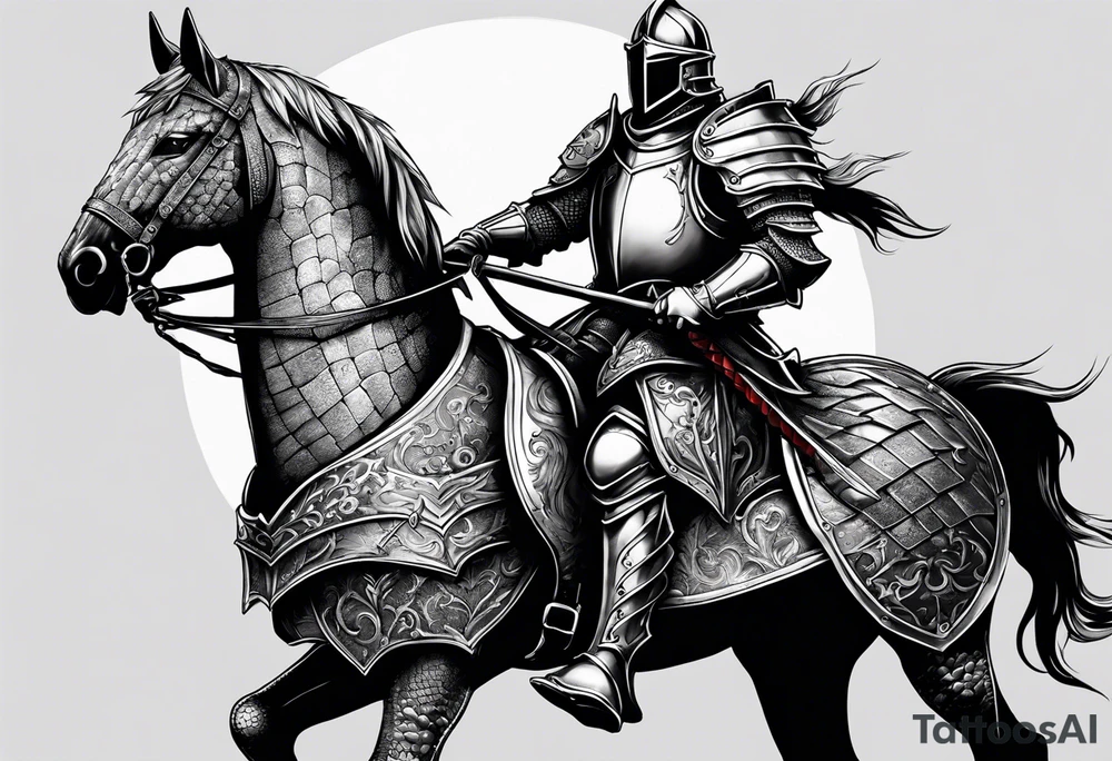 knight in armor full body with castle in background and dragon tattoo idea