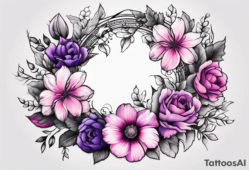 Flower wreath pinks and purples tattoo idea