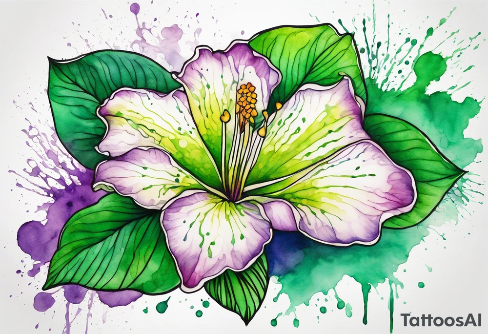 An outline of an only green rio dipladenia flower and a green/purple watercolor splash in the background tattoo idea