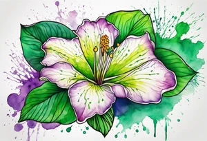 An outline of an only green rio dipladenia flower and a green/purple watercolor splash in the background tattoo idea