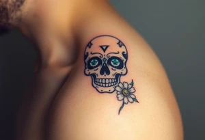 Masculine sugar skull with diamond gemstone eyes and daisy tattoo idea