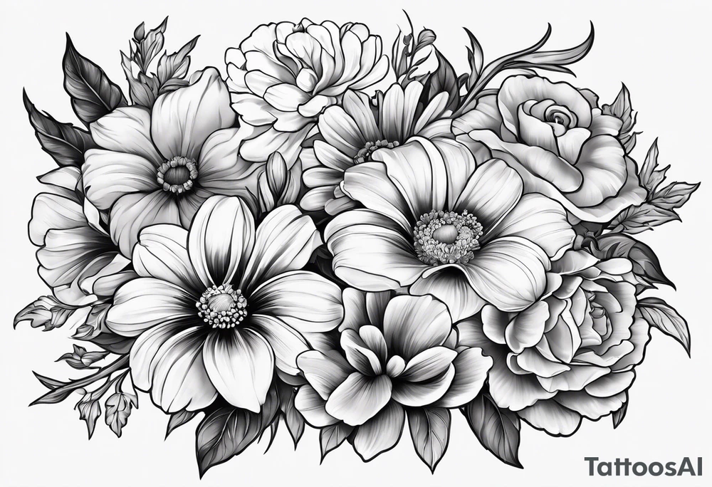 black and gray bunch of flowers with stems and leaves, three violets, one daffodil, five daisies, one rose, one morning glory, two marigolds, one chysanthemum with three of the daisies and the chrysanthemum at the center of the tattoo tattoo idea