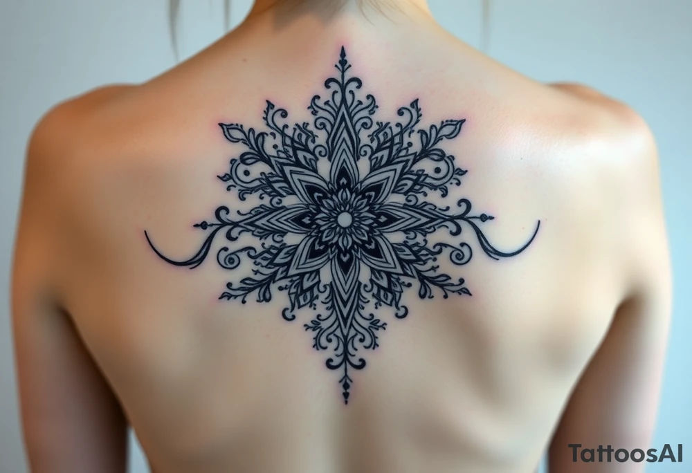 spine tattoo design with symmetrical ornamental patterns, combining dotwork, mandala elements, and flowing lines that follow the natural curves of the body with tribal-inspired lower back tattoo with sweeping symmetrical curves, bold linework, and soft floral accents, creating a feminine yet powerful aesthetic. The design is intricate and balanced. tattoo idea
