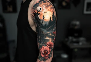 jack skellington fishing at river,smoking, roses, cloudy sky, pine trees tattoo idea