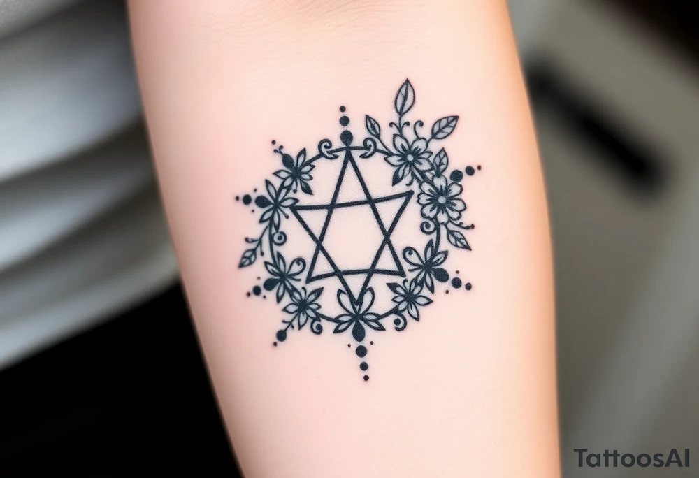 Enneagram symbol with large fine line florals that cover up the enneagram symbol tattoo idea