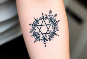Enneagram symbol with large fine line florals that cover up the enneagram symbol tattoo idea