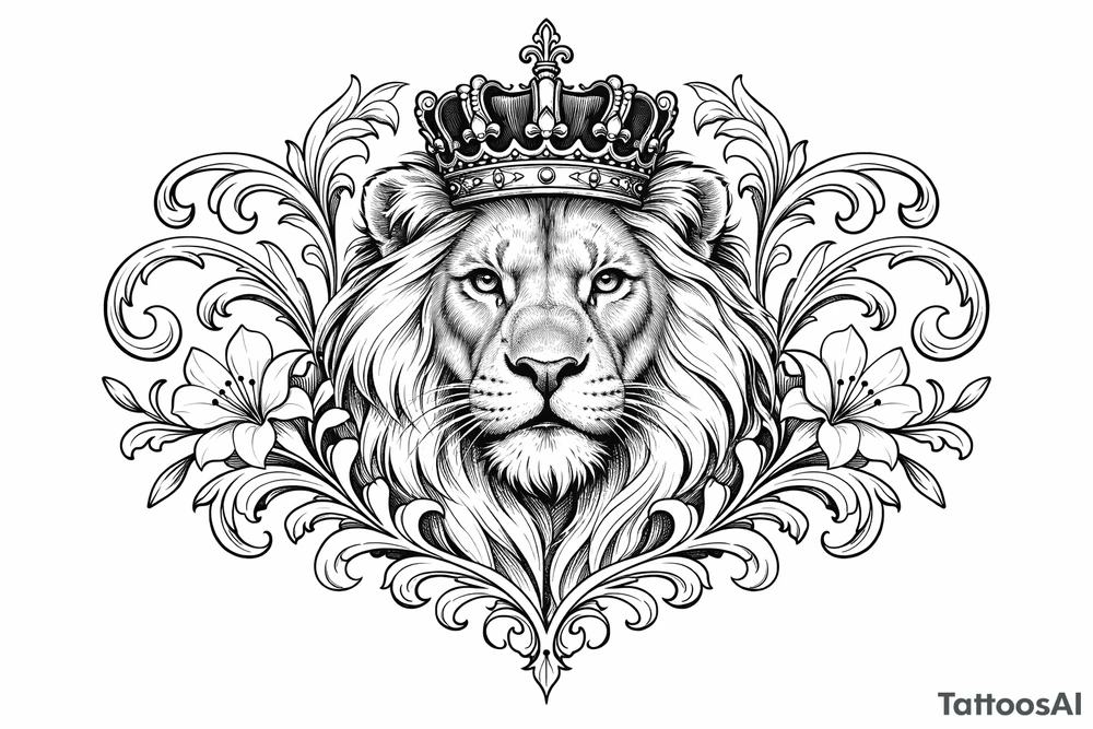 powerful majestic lion with a crown, framed by ornate floral scrollwork tattoo idea
