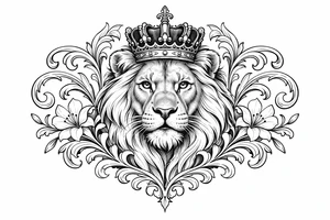 powerful majestic lion with a crown, framed by ornate floral scrollwork tattoo idea