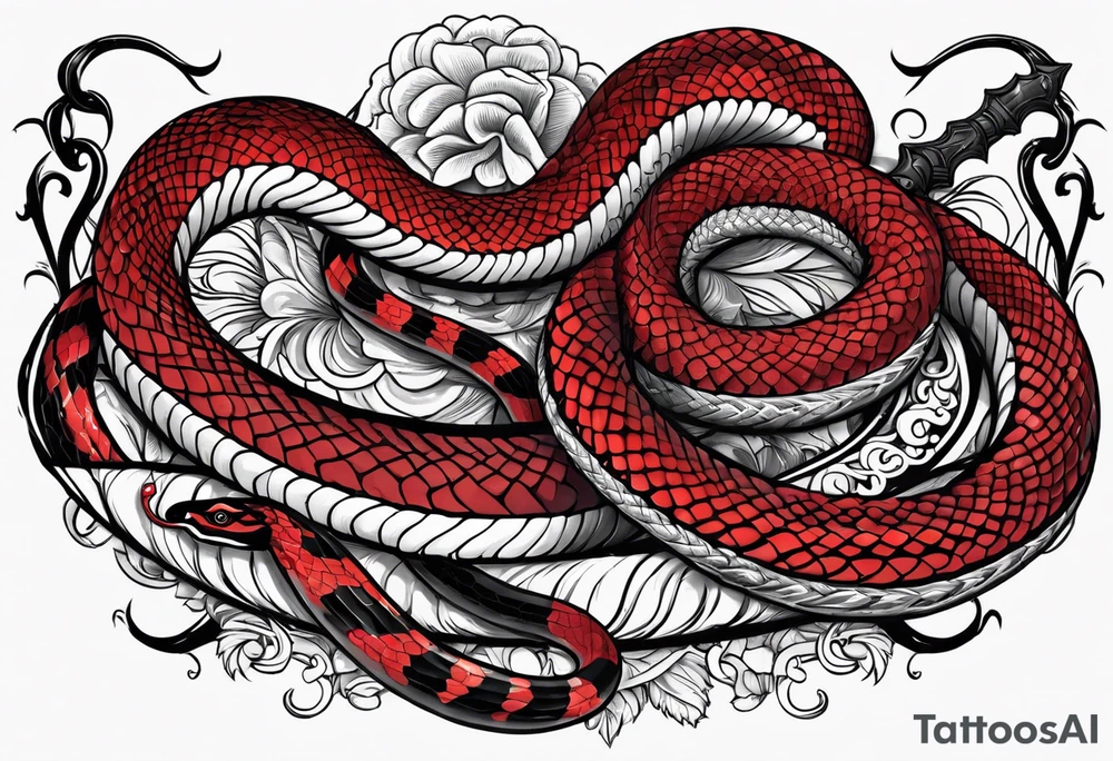 Two black and red snakes slithering around a dagger tattoo idea