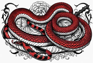 Two black and red snakes slithering around a dagger tattoo idea