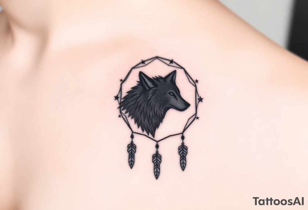 A wolf’s silhouette within a dreamcatcher, with stars scattered across the background. The wolf is shaded in black and gray. tattoo idea