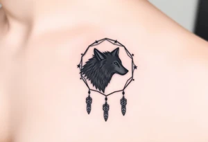 A wolf’s silhouette within a dreamcatcher, with stars scattered across the background. The wolf is shaded in black and gray. tattoo idea