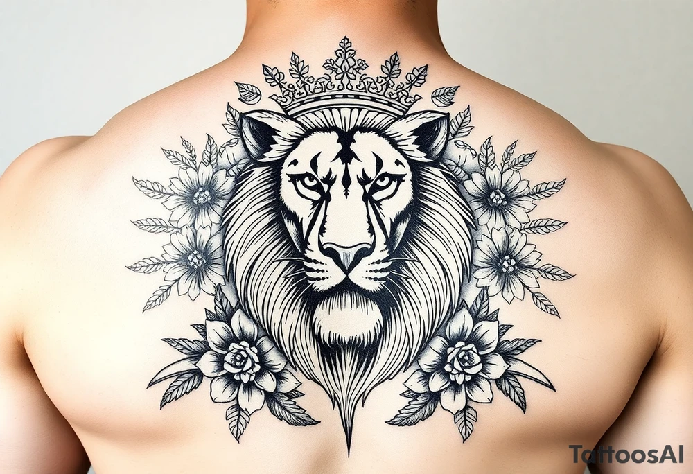 powerful majestic lion with a crown, surrounded by floral ornaments and birds tattoo idea