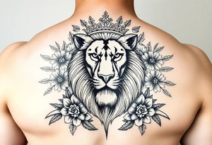 powerful majestic lion with a crown, surrounded by floral ornaments and birds tattoo idea