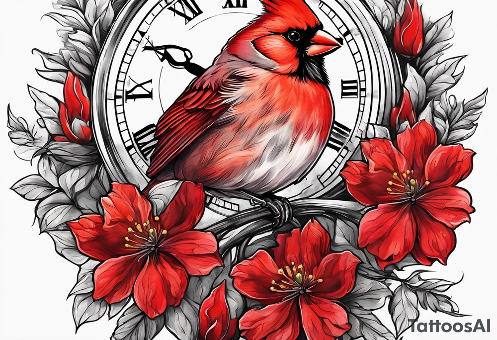 Trees, flowers, clock, red cardinal, representing growth from grief tattoo idea