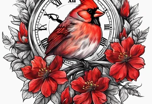Trees, flowers, clock, red cardinal, representing growth from grief tattoo idea