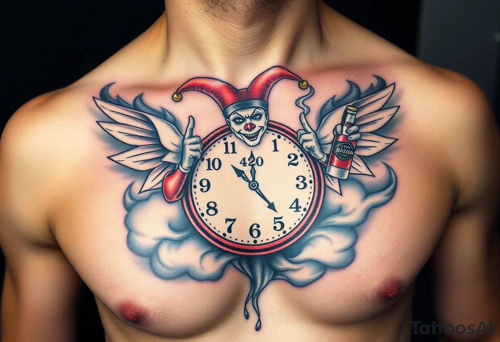a jester clown floating in smoke with a  clock, the time says 420,  with two open wings besides the clock, smoke as the spring rising from the clock, a jester clown coming out the smoke, smoking in one hand with a liquor bottle on the other hand tattoo idea