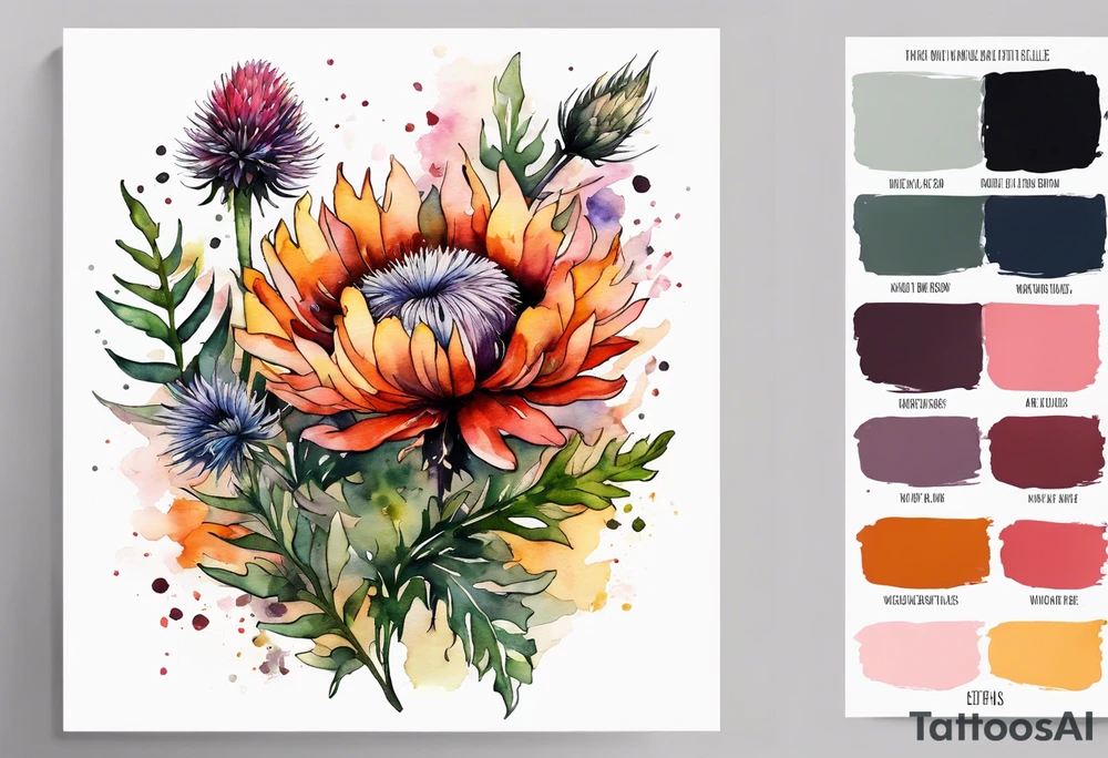 wildflowers with thistles, ferns, burnt orange flower, white flowers, pink flowers, red flowers and yellow flowers all in watercolor tattoo idea