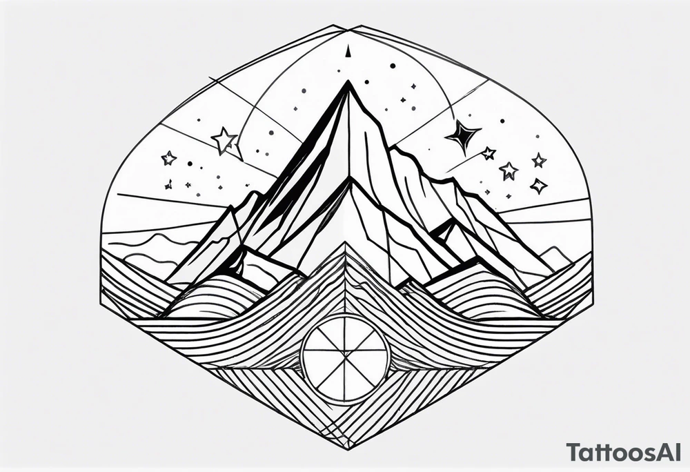 Mountain Massif, one Peak, only peak surrounded woth semi circle dashed Line, in semi circle two littel fine Stars, waves overlapping in Side, Open geometrical Forms Like Diamond with Open lines tattoo idea