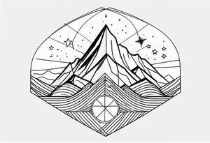 Mountain Massif, one Peak, only peak surrounded woth semi circle dashed Line, in semi circle two littel fine Stars, waves overlapping in Side, Open geometrical Forms Like Diamond with Open lines tattoo idea