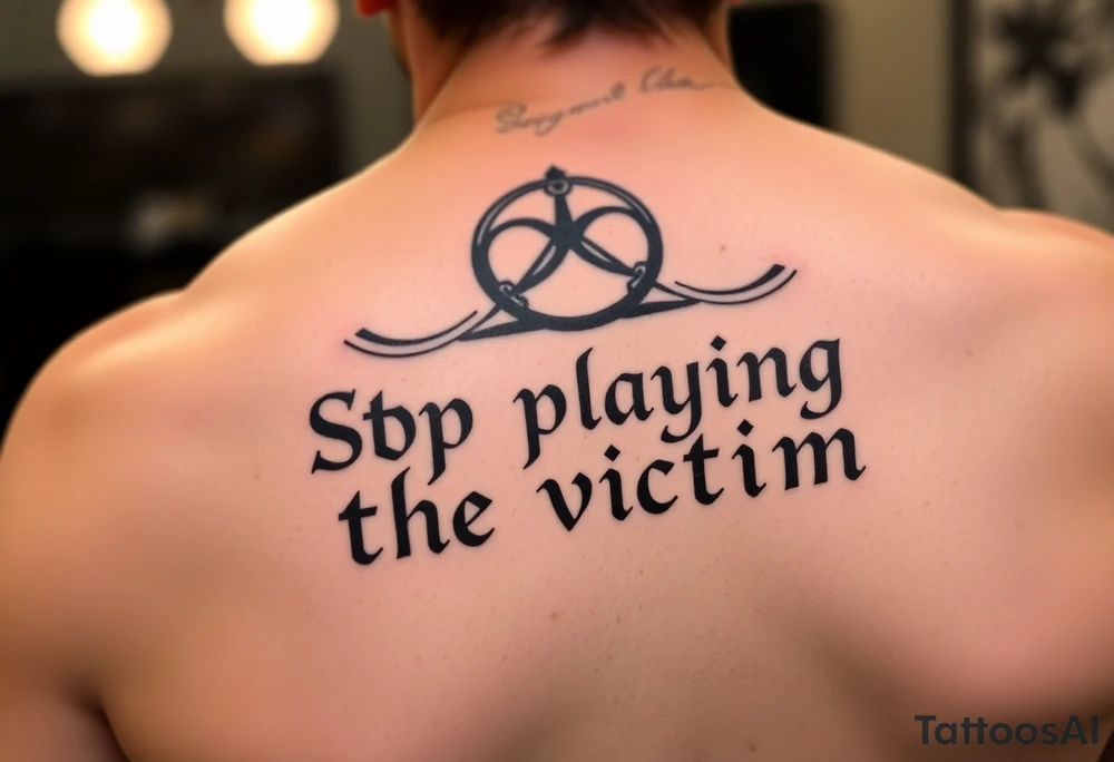 Writer the phrase :"Stop Playing the victim".
Karma infinite sign in background.
The words in greek style tattoo idea