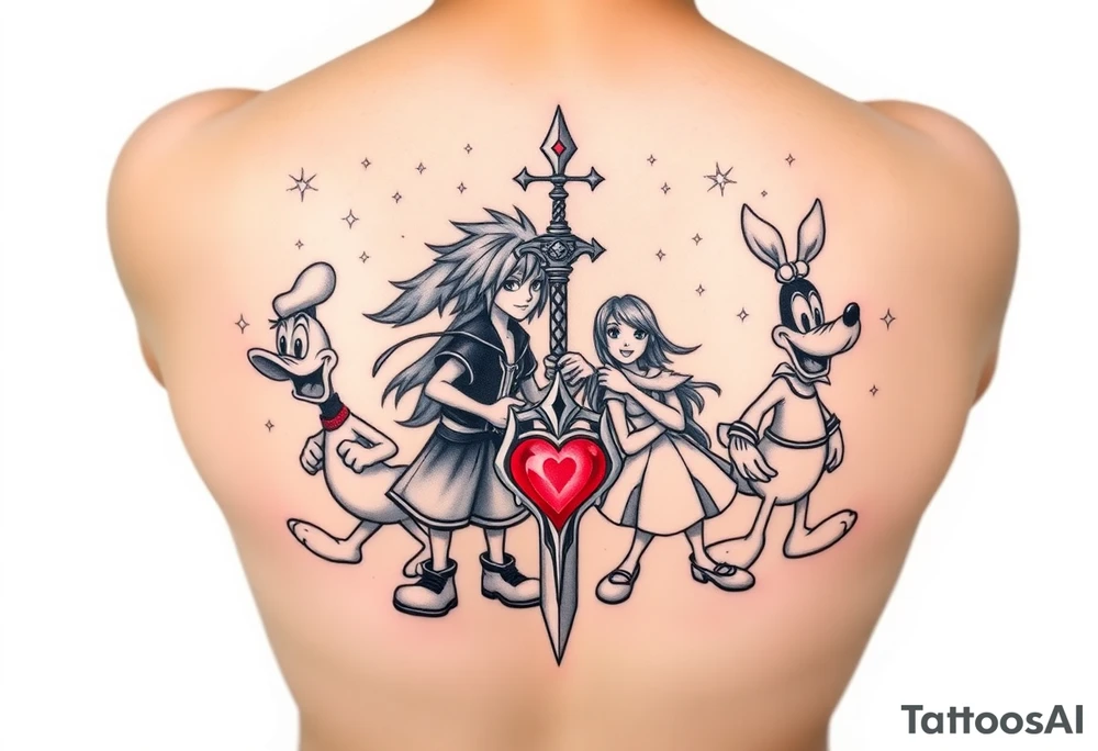 custom Kingdom Hearts tattoo design featuring Sora, Kairi, Riku, Donald, and Goofy together in a dynamic, united pose. The centerpiece should include the Heartless Keyblade, with a beautiful and ethereal Kingdom Hearts-inspired background—think glowing stars, floating islands, and stained-glass elements. The design should capture themes of friendship, light vs. darkness, and adventure. Style should be detailed, fantasy-oriented, and suitable for a large piece (like an upper arm sleeve or back piece).” tattoo idea