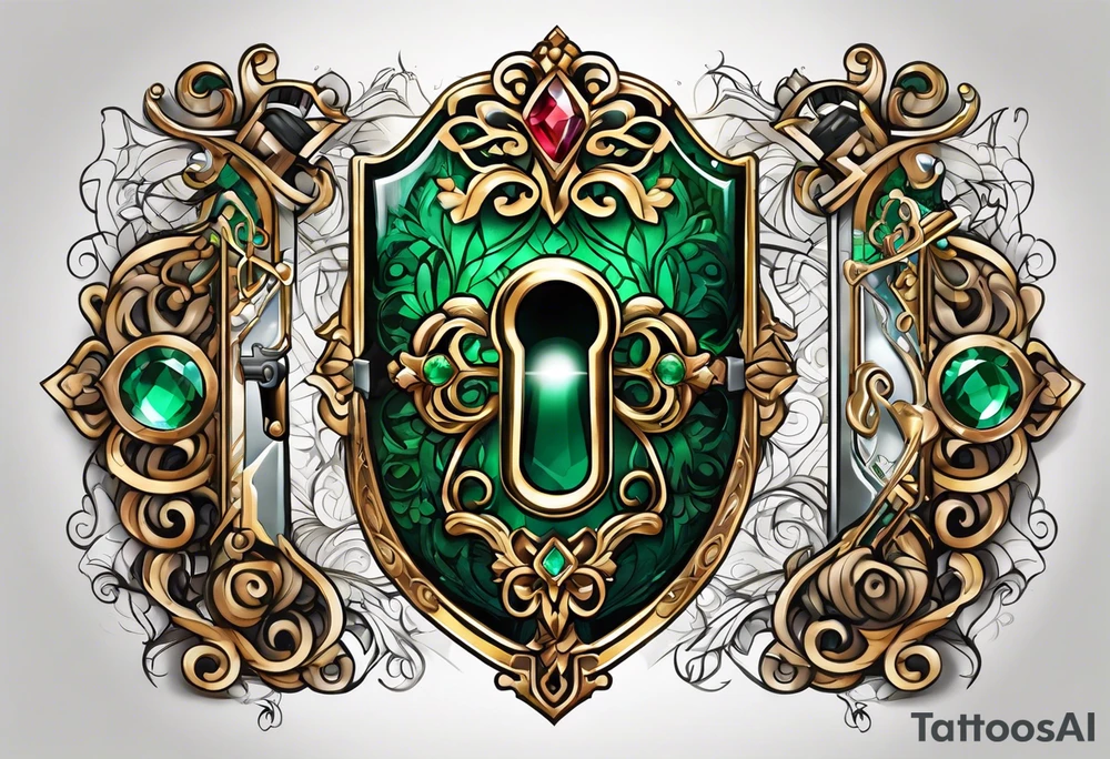 Lock and key with emerald stone tattoo idea