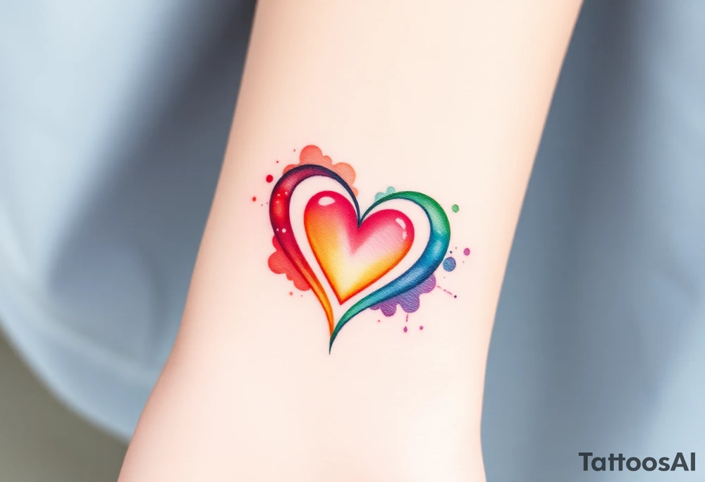 A watercolor infinity symbol with heart in rainbow colors tattoo idea