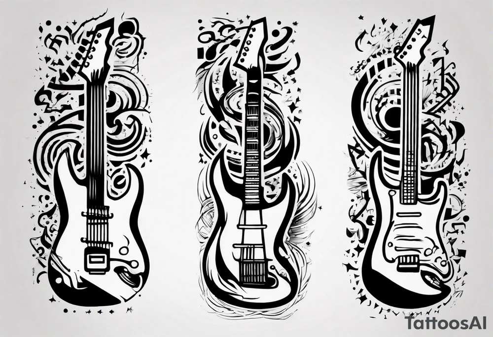 Create a unique vertical tattoo design inspired by my passion for the electric guitar and video games. Consider an abstract representation of musical notes and pixel graphics that fits well on the back of the forearm tattoo idea