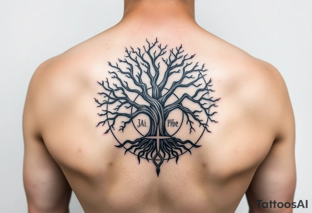 yggadrisl tree of life with circle. names Jai , Phoebe, Imogen, Matilda in the circle tattoo idea