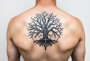 yggadrisl tree of life with circle. names Jai , Phoebe, Imogen, Matilda in the circle tattoo idea