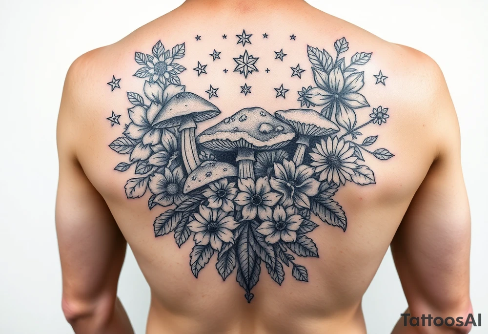 Could you possible make me a cool nature tattoo with mushrooms crystals  flowers mandala boho but colorful and psychedelic colorful too that would wrap from front of hip around side to mid back to cover an existing one I have incorporating the stars I have already and only covering some wrapping from front of hip around side to back tattoo idea